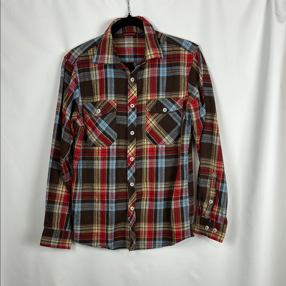 Designed in Italy Brown and Red and Blue Casual Plaid Button Down Shirt Sz: S